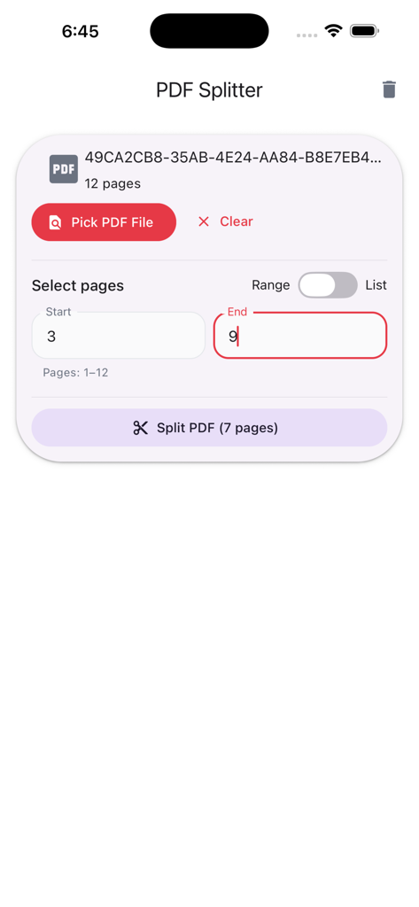 Interface do aplicativo PDF Splitter mostrando como selecionar um intervalo de páginas específico para extração.