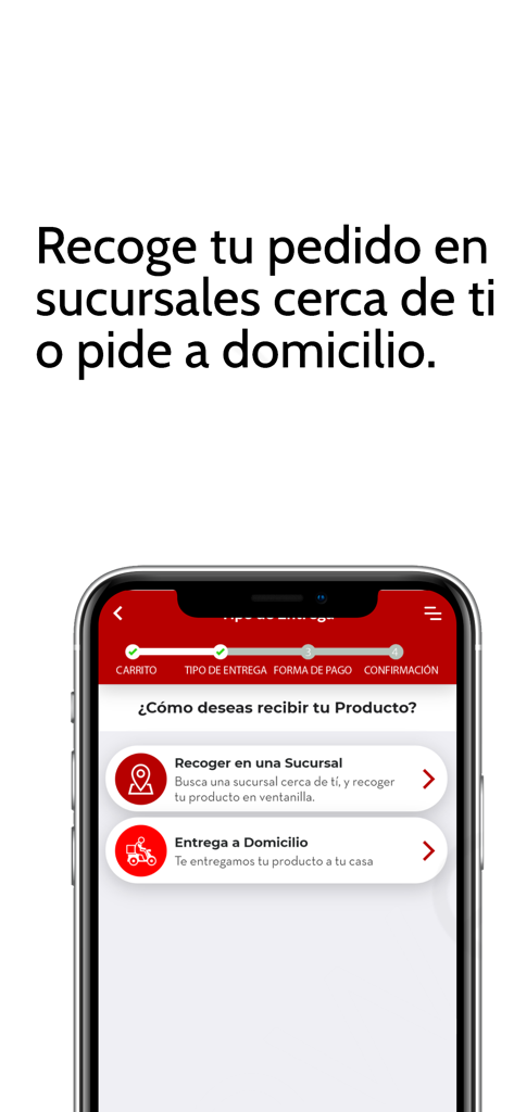 Farma Value app interface showing options for branch pickup or home delivery in Spanish