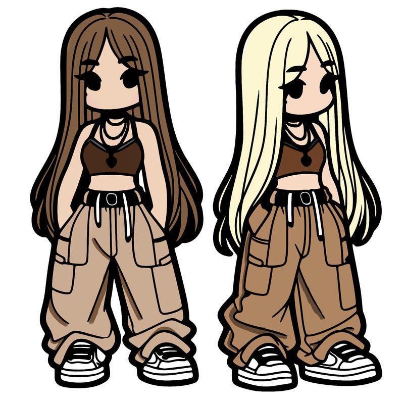girl in baggy pants crop top and long hair