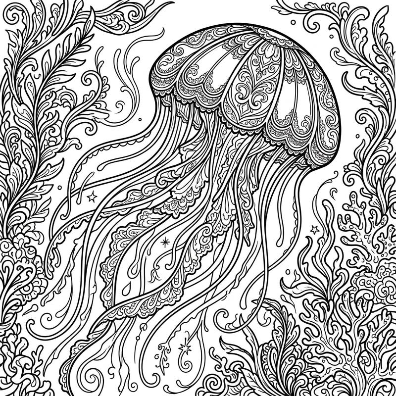 Uncover the dark beauty of the ocean with this captivating Gothic Helmet Jellyfish coloring page, perfect for adults and teens. Explore intricate patterns and a mysterious underwater scene, ready for your creative touch.