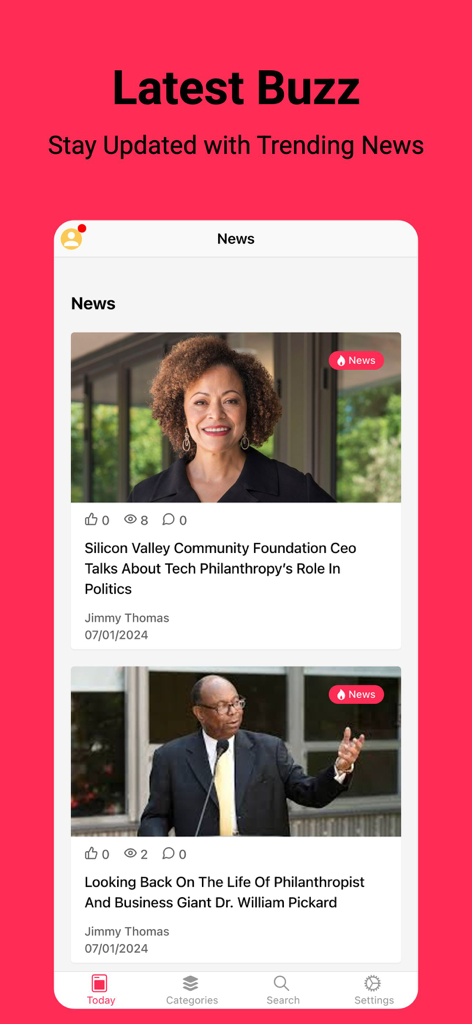 Philanthrop' TV - Flux d'actualités de l'application Philanthrop TV montrant des articles sur la philanthropie et l'impact social