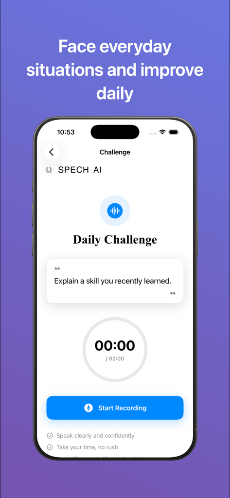 Speaking Coach -  SpechAI - Interfaz de la aplicación móvil SpechAI para una indicación de desafío de oratoria diaria.