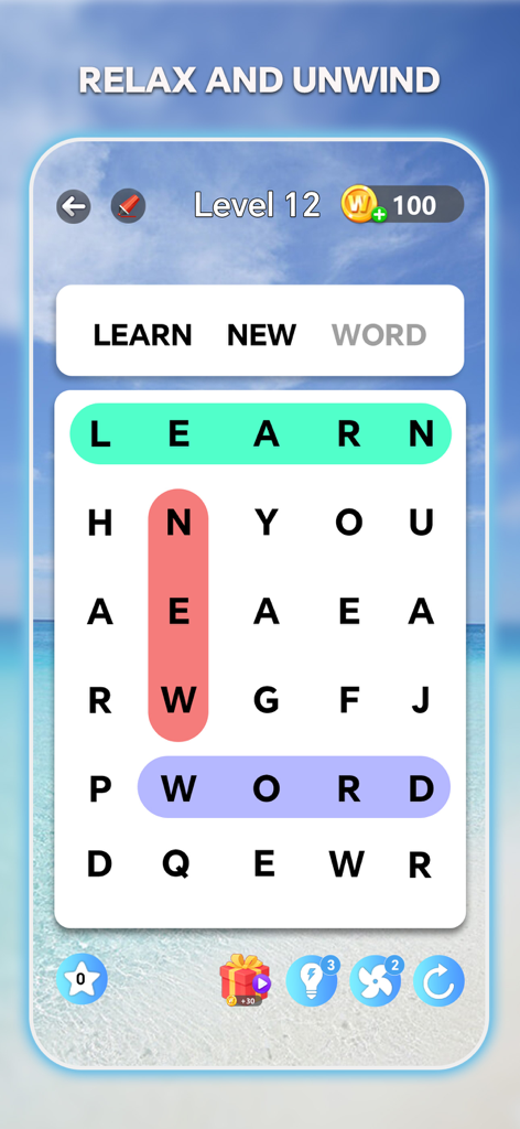 Interface de jeu Otium Mot Caché avec un fond de plage relaxant et un texte clair pour les seniors.