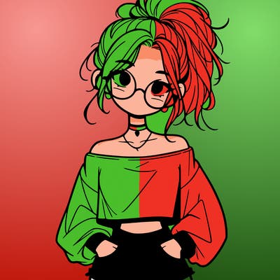 girl with a messy ponytail glasses a baggy crop top and jean shorts