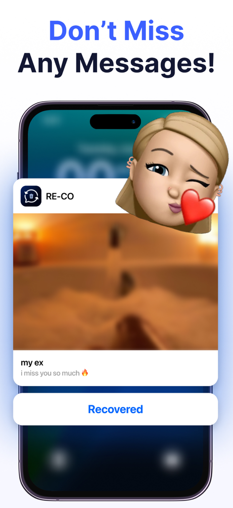 RE-CO: Secure Messages - iPhone screen showing RE-CO app recovering a deleted text message and photo from a contact