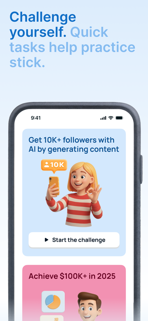 Tixu app interface showcasing practical AI challenges for content creation and career success