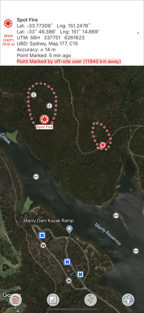 FireMapper Enterprise - A satellite map in FireMapper Enterprise showing tactical wildfire symbols and GPS coordinate data