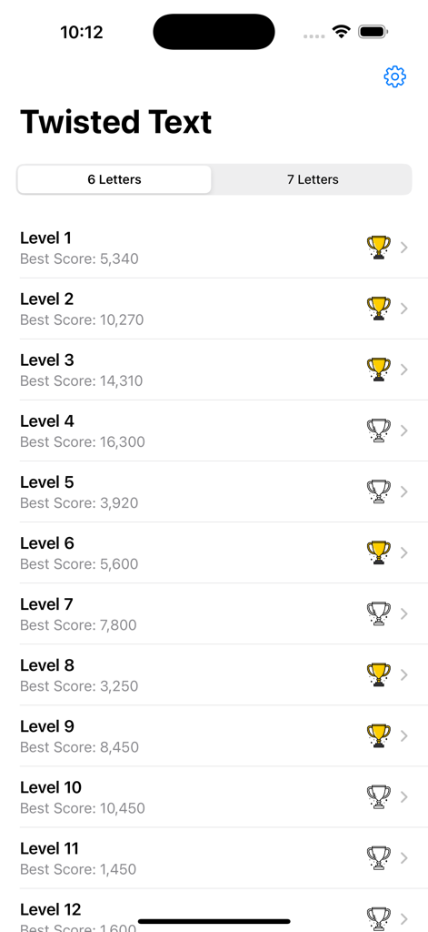 Twisted Text Word Game - Level selection screen of Twisted Text Word Game showing scores and trophy progress for various levels.