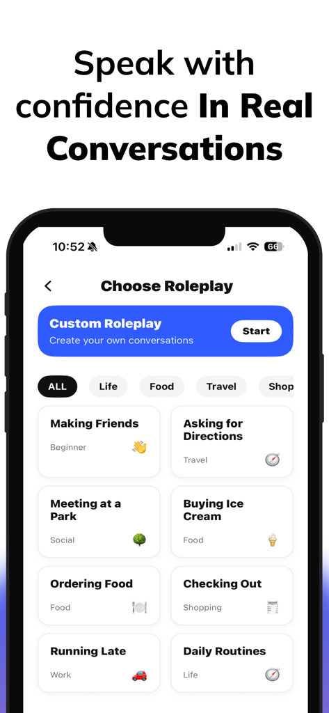 Kaboo AI: Learn To Speak - Schermata dell'app Kaboo AI che mostra vari scenari di gioco di ruolo per la pratica linguistica.