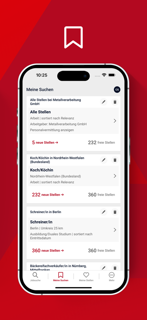 Jobsuche – Jobportal der BA - A mobile screen showing a list of saved job searches and alerts in the Jobsuche app for various cities in Germany.