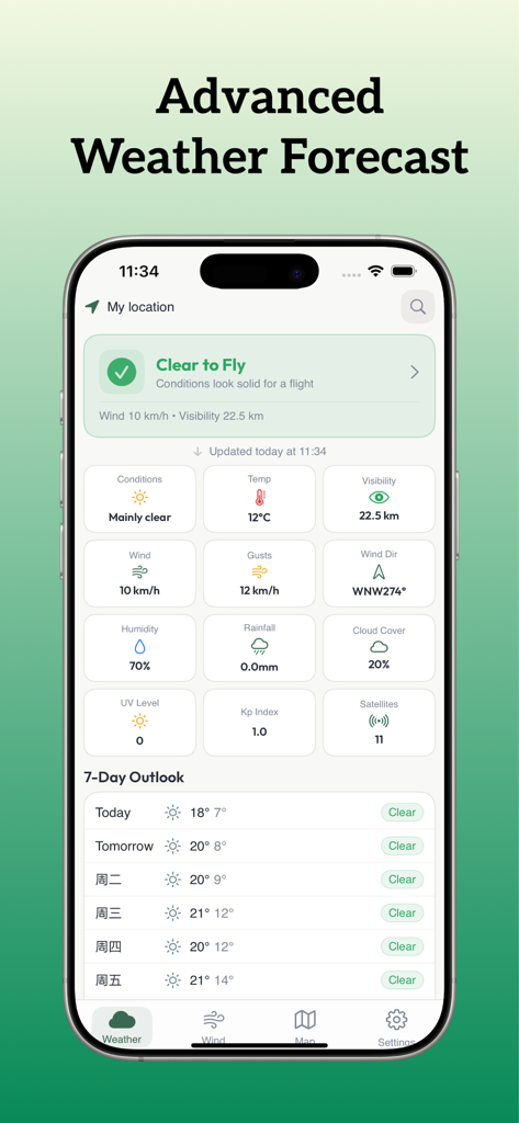 Interface of Drone Weather app showing wind speed, temperature, and flight safety status.