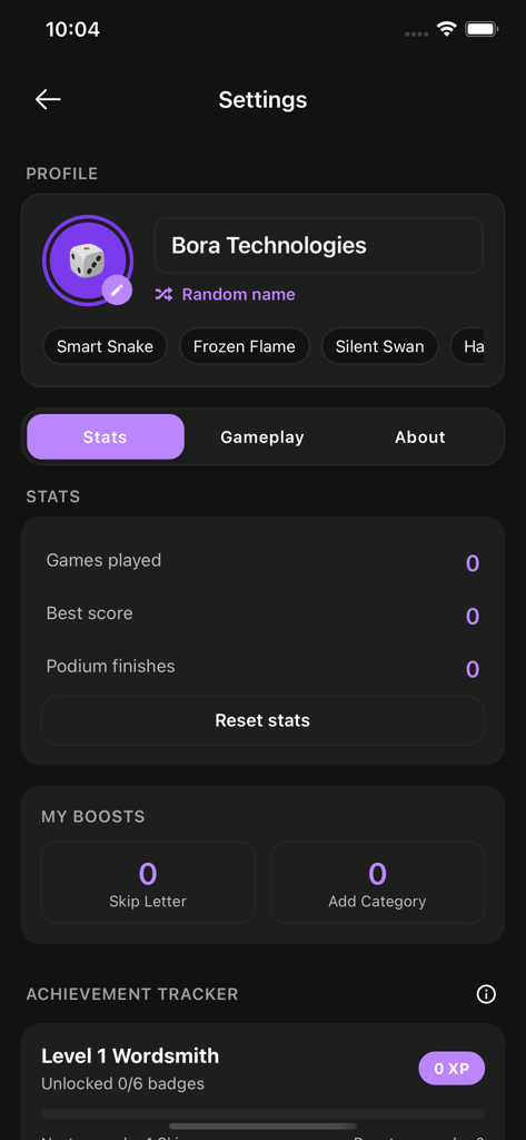 Name Place Animal Thing - Settings screen displaying user profile, game statistics, and boosts.