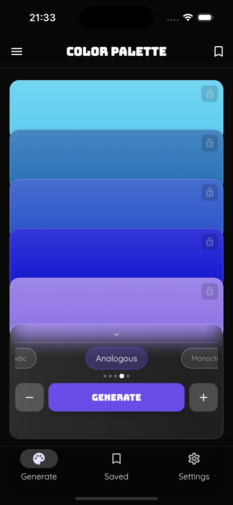 Colors by Lumina - Colors by Lumina app interface displaying a generated analogous color palette with blue and purple shades.