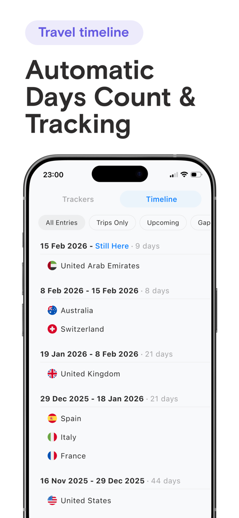 Immio: Country & Tax Tracker - Immio app interface showing a travel timeline with automatic country day counting for tax and visa compliance