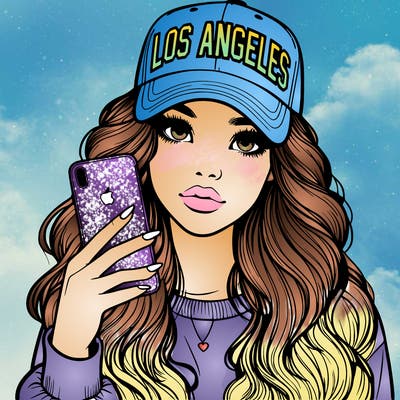 realistic beautiful girl wearing los ángeles cap holding an iphone