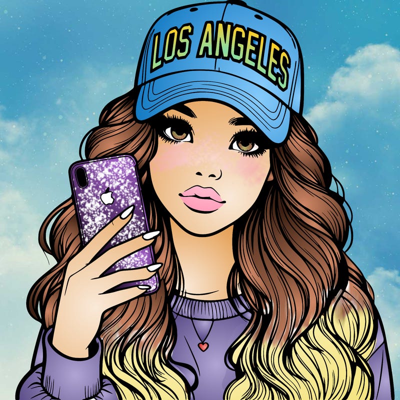 realistic beautiful girl wearing los ángeles cap holding an iphone
