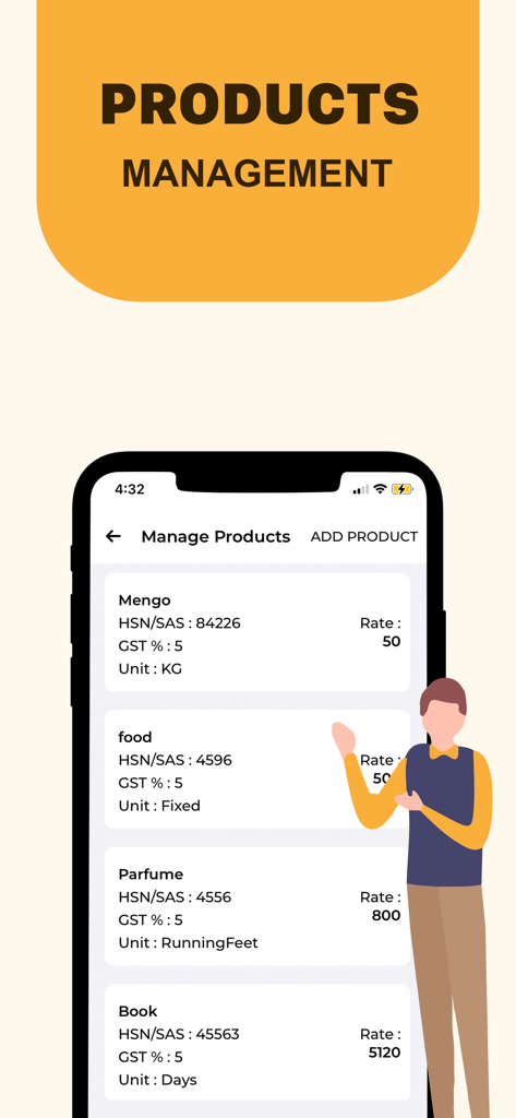 GST invoice and Bill Maker App - Product management screen showing an inventory list with rates and tax details in the GST invoice app.