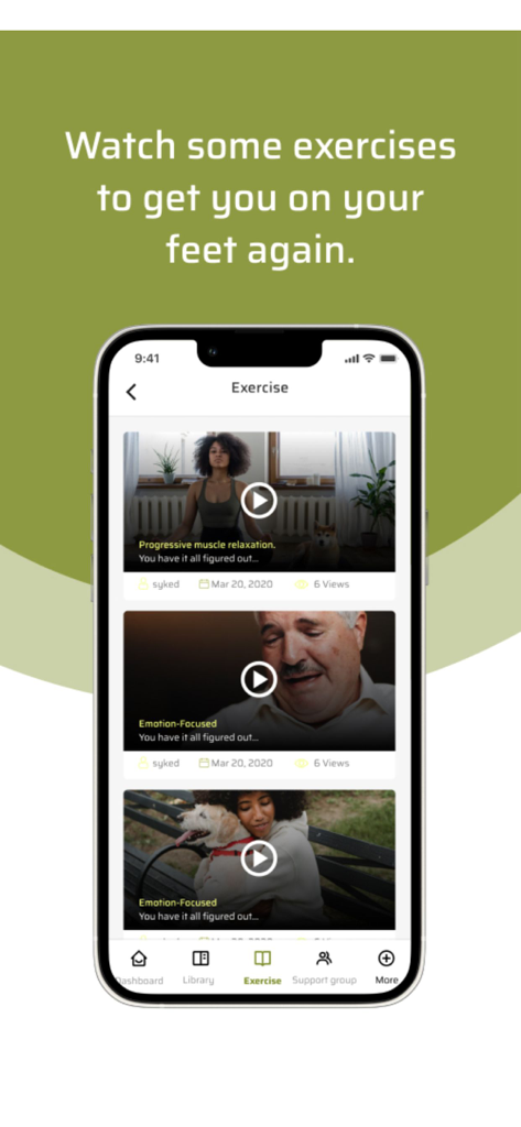 A mobile screen showing the Syked app's library of mental health video exercises such as muscle relaxation and emotion focused therapy