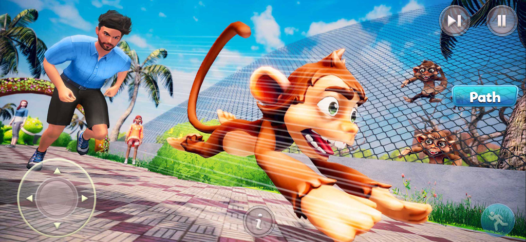 Zoo Keeper Simulator Tycoon 3D - A zookeeper character chasing a leaping monkey in a 3D zoo simulator game