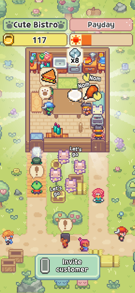 Meow Bistro! - Gameplay in pixel art dall'alto di Meow Bistro che mostra clienti in attesa di entrare in un ristorante gestito da gatti
