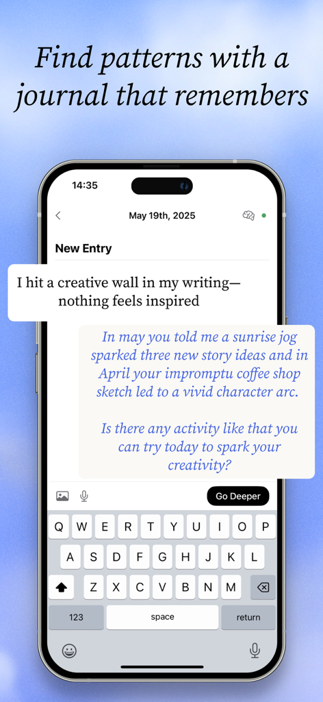 Entries: AI Journal & Diary - AI journal app interface recalling past user activities to provide creative inspiration