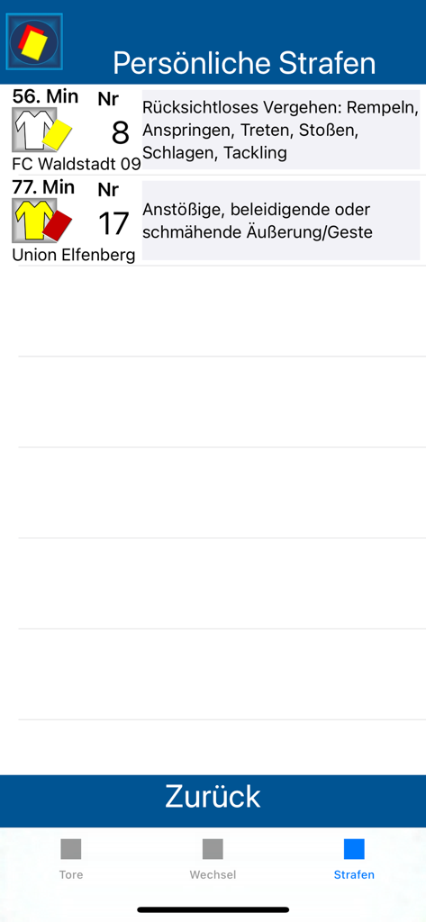 Schiri-App - Schiri-App interface showing yellow and red card penalties with match details