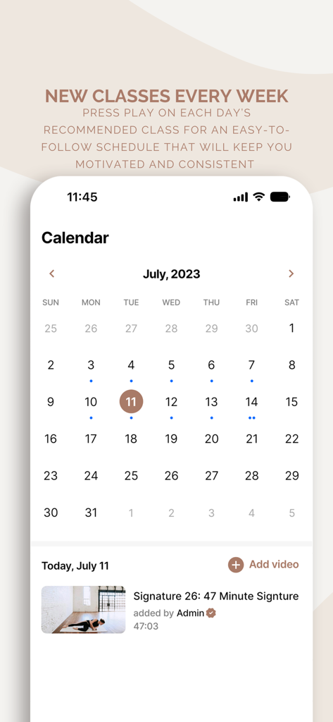 Barre | Britsbarre Studio - A workout calendar within the Britsbarre app showing scheduled barre classes for a consistent fitness routine.