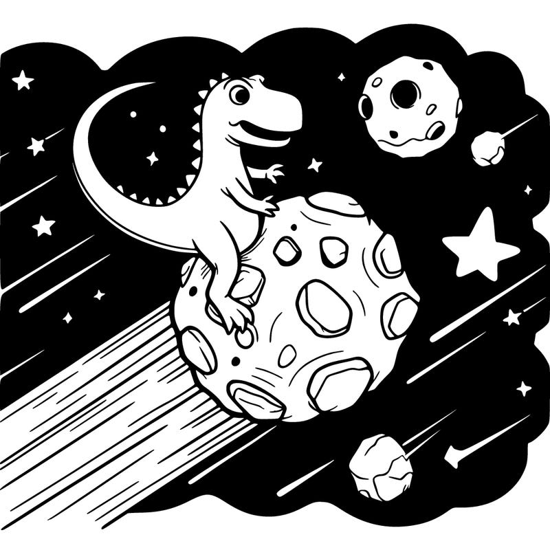 dinosaur riding a meteorite in space