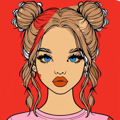 realistic girl with two buns in hair and lips