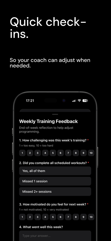 Relay Athletic - Feedback semanal de treino e tela de check-in do atleta dentro do aplicativo de desempenho Relay Athletic