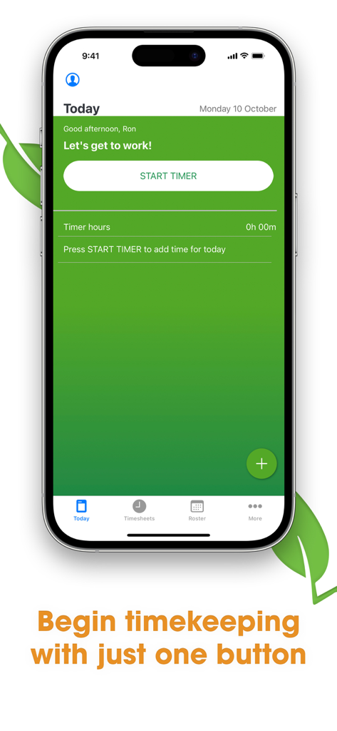 AgriSmart - AgriSmart mobile app interface showing a one-tap start timer for agricultural timekeeping