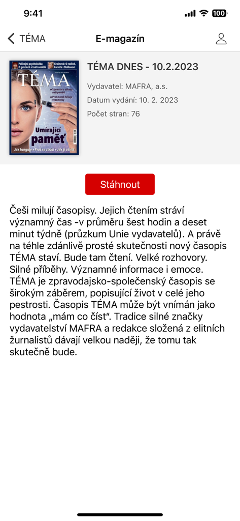 Mediatéka - Screenshot of Mediatéka app showing a Czech e-magazine titled Tema with a download option