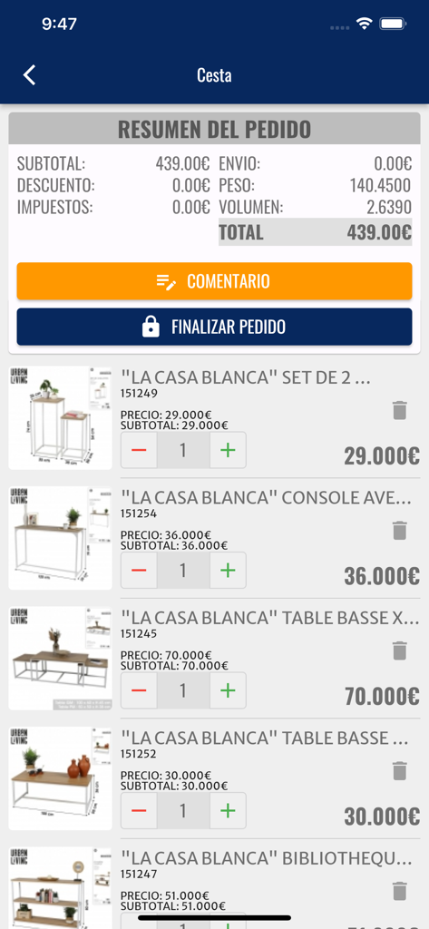 Fornord - Pantalla de resumen de pedido en la aplicación Fornord que muestra productos de decoración para el hogar al por mayor en el carrito de compras con subtotal y botones para finalizar el pedido.