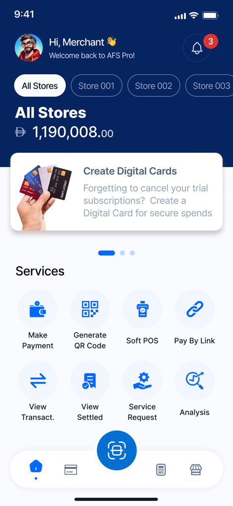 AFS Pro - AFS Pro merchant dashboard showing total store balance and various business services like Soft POS and QR codes.
