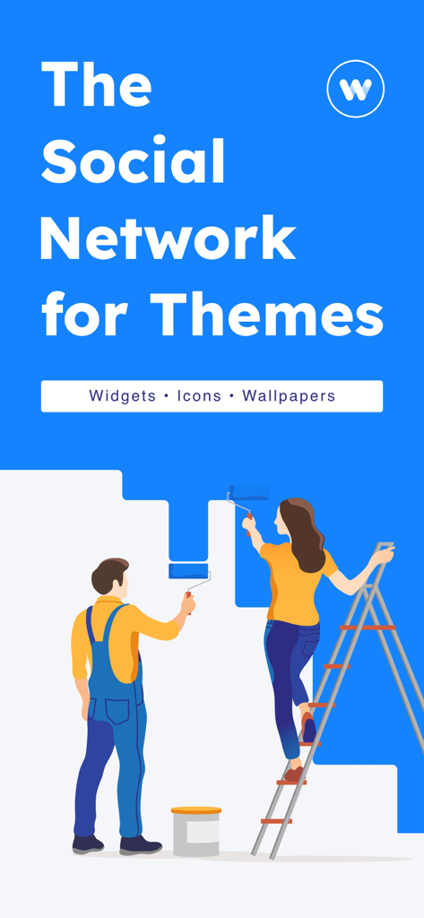 Wallpapers & Icons: Widgethub - Banner promocional para o aplicativo Widgethub apresentando duas pessoas pintando uma parede azul e a manchete A Rede Social para Temas.