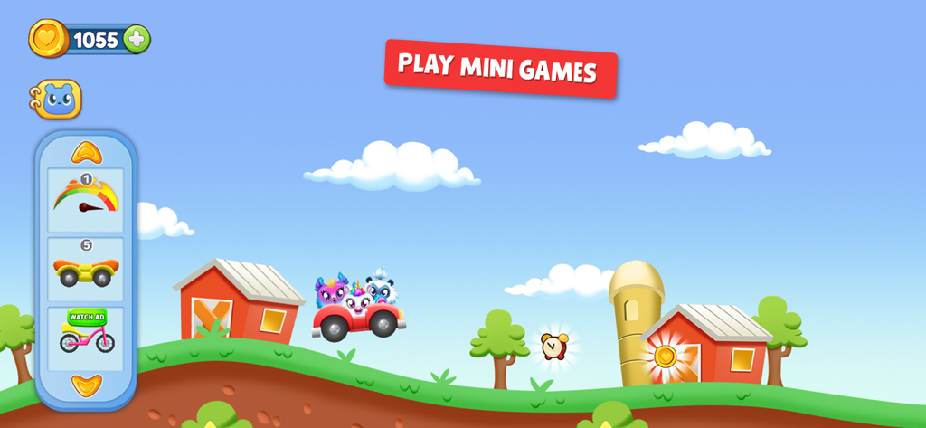 Town Pets: Hatch & Grow - Mascotas virtuales conduciendo un coche rojo a través de un paisaje de dibujos animados en los minijuegos de Town Pets