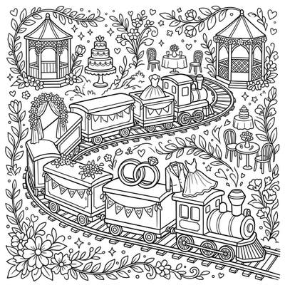 Embark on a romantic journey with this delightful coloring page featuring model trains beautifully adorned for a wedding celebration. Discover intricate details like tiny dresses, rings, and floral arrangements, perfect for an enchanting coloring session.