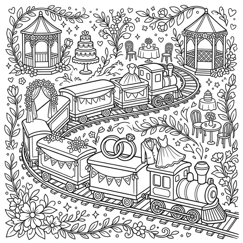 Embark on a romantic journey with this delightful coloring page featuring model trains beautifully adorned for a wedding celebration. Discover intricate details like tiny dresses, rings, and floral arrangements, perfect for an enchanting coloring session.