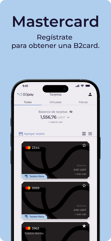 Tela móvel do aplicativo B2pay mostrando uma lista de cartões físicos Mastercard com saldos em USDT e USD.