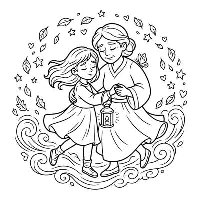Discover a tender coloring page designed to help children navigate feelings of grief and remembrance. This heartwarming scene offers a calm and creative space for reflection and healing.