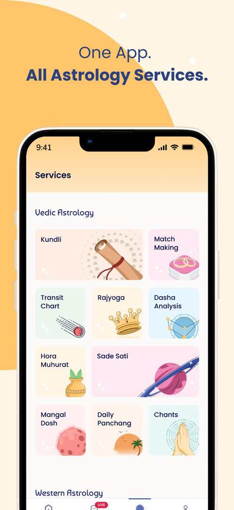 Horocosmo - Talk To Astrologer - Mobile screen showing Horocosmo app Vedic astrology services including Kundli and Matchmaking.