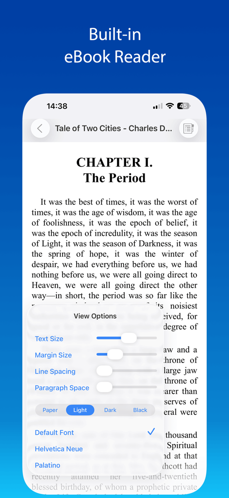 FileBrowser app showing a built-in eBook reader with customizable text and theme settings