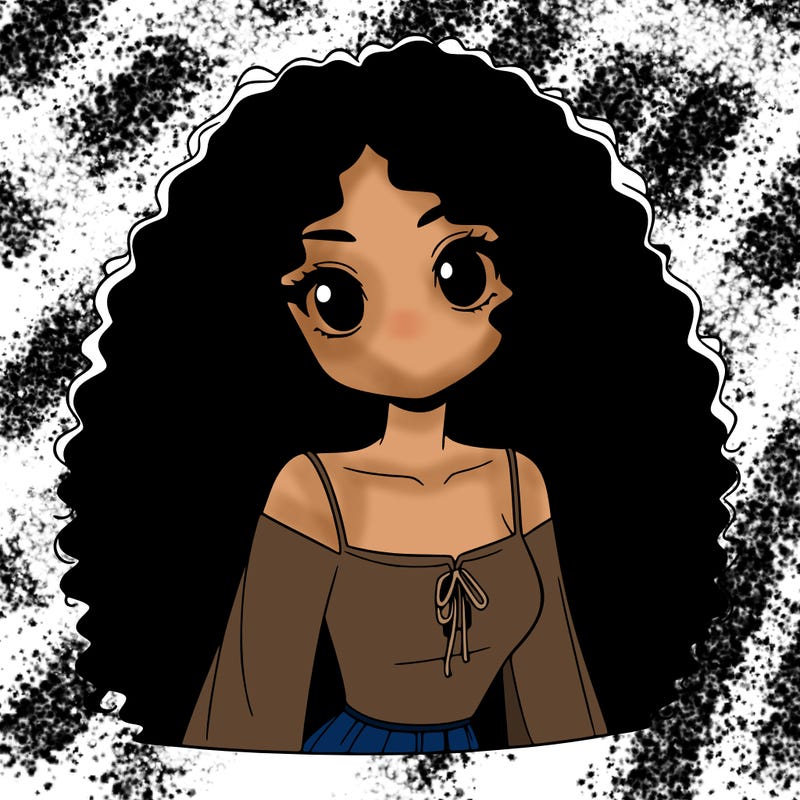 a black anime girl with long afro hair