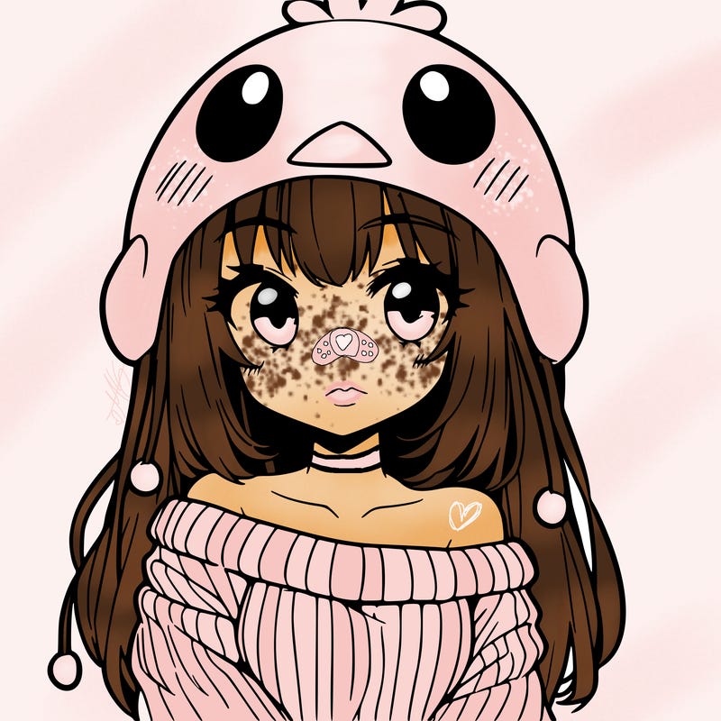 anime girl with chick shaped hat with sweater with bare shoulders with bangs covering them one eye with low tail