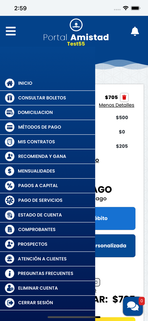 Amistad Bienes Raíces - Side navigation menu of the Amistad Bienes Raices app displaying various real estate management options in Spanish