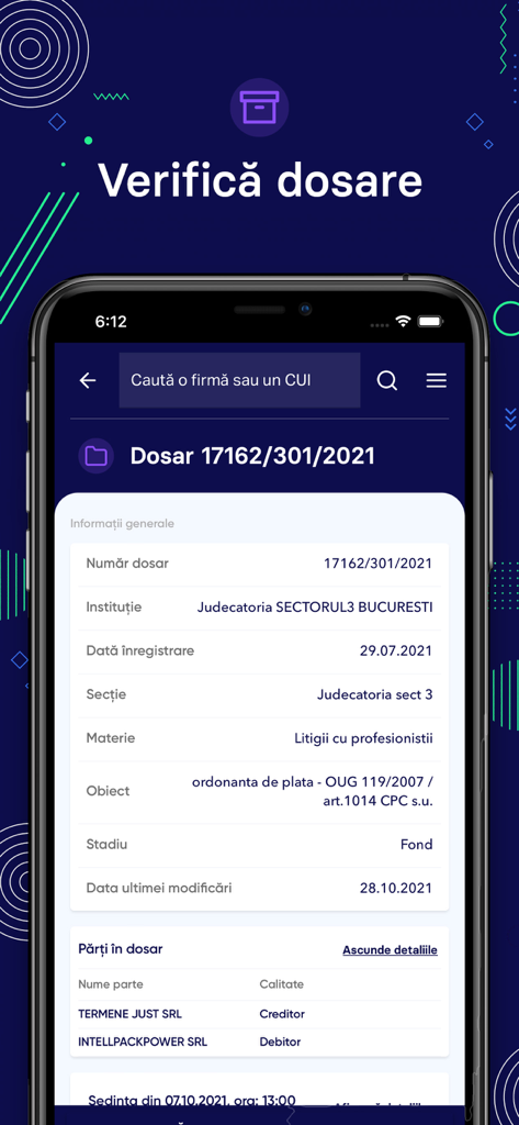 Termene.ro - Termene.ro mobile app displaying detailed information about a Romanian court case including legal parties and status