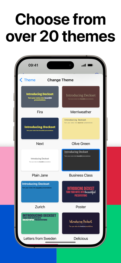 Deckset: Your Notes to Slides - Interface showing various professional presentation themes in the Deckset app