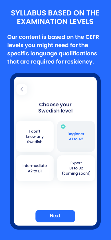 Mjølnir Swedish - Swedish language level selection screen in the Mjølnir app based on CEFR levels
