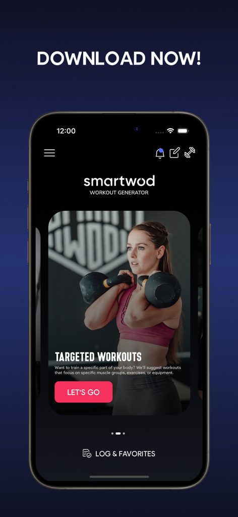 SmartWOD Workout Generator app screen featuring targeted workouts and a woman holding kettlebells
