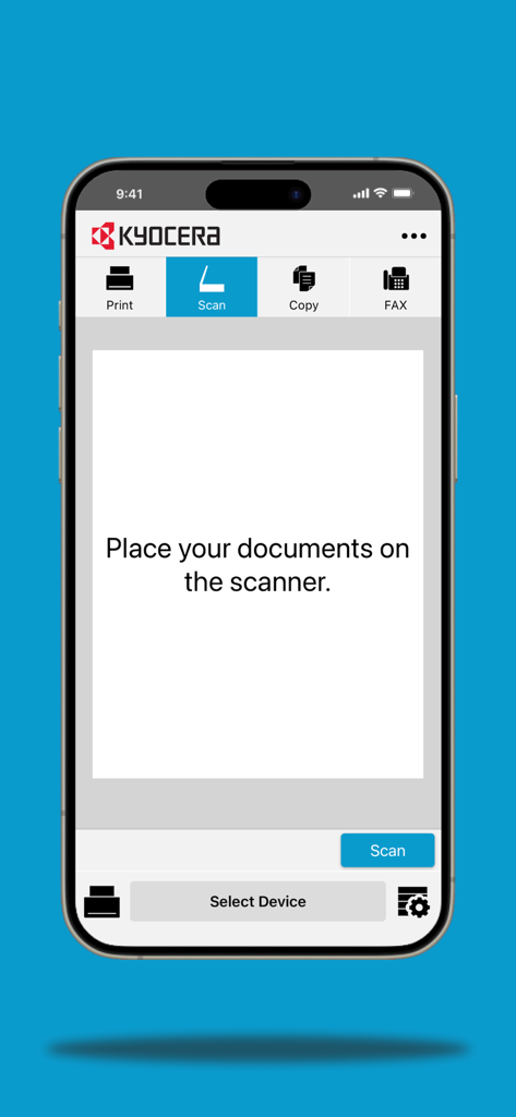 Interface of the KYOCERA Mobile Print app showing the document scanning feature on an iPhone screen